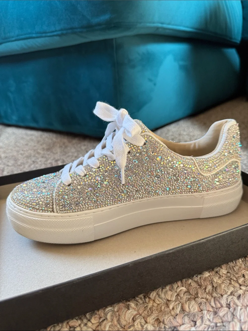 Betsey Johnson Sidny Iridescent Crystal Platform Sneakers - White